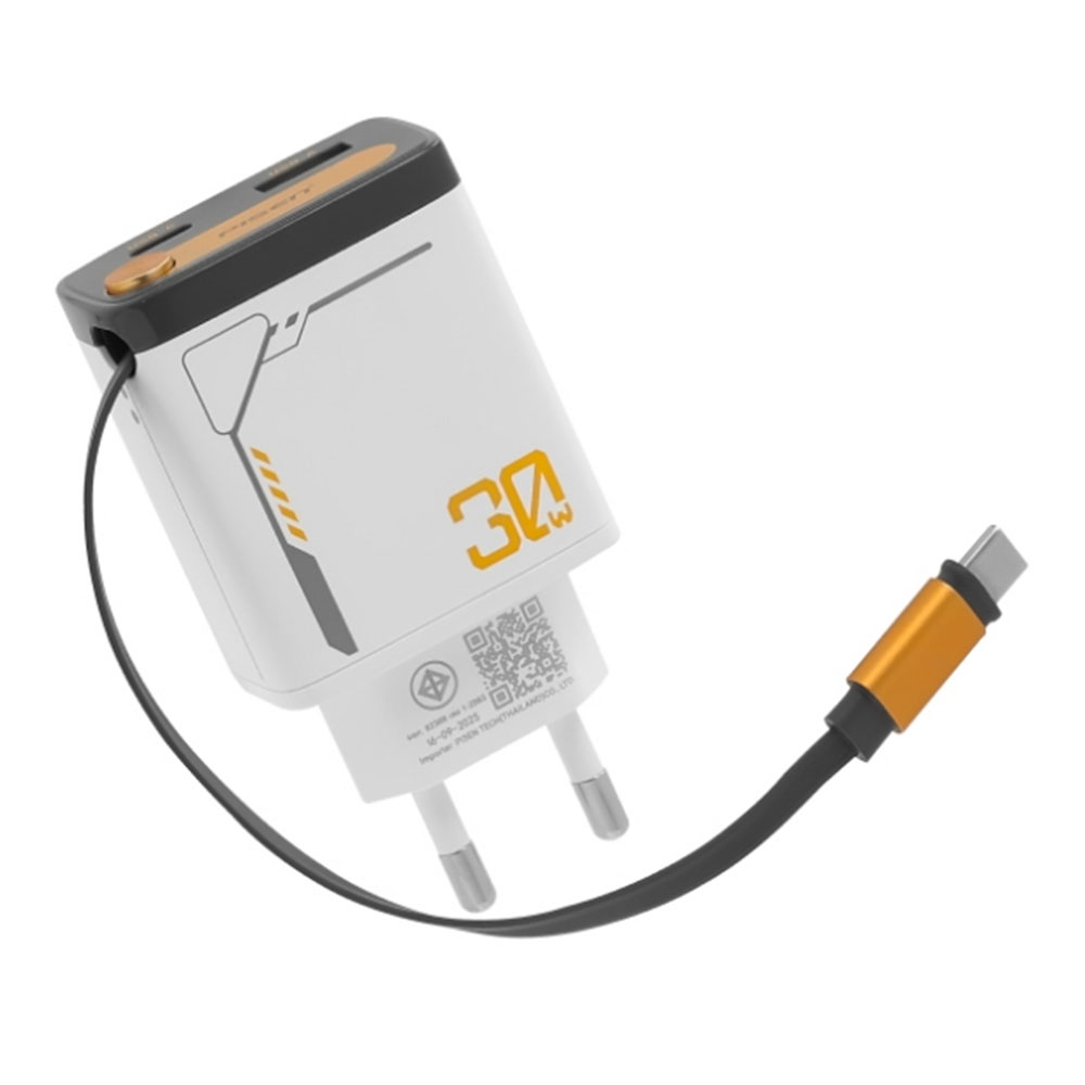 PISEN 30W GaN Fast Charging Retractable Wall Charger White TP-C82