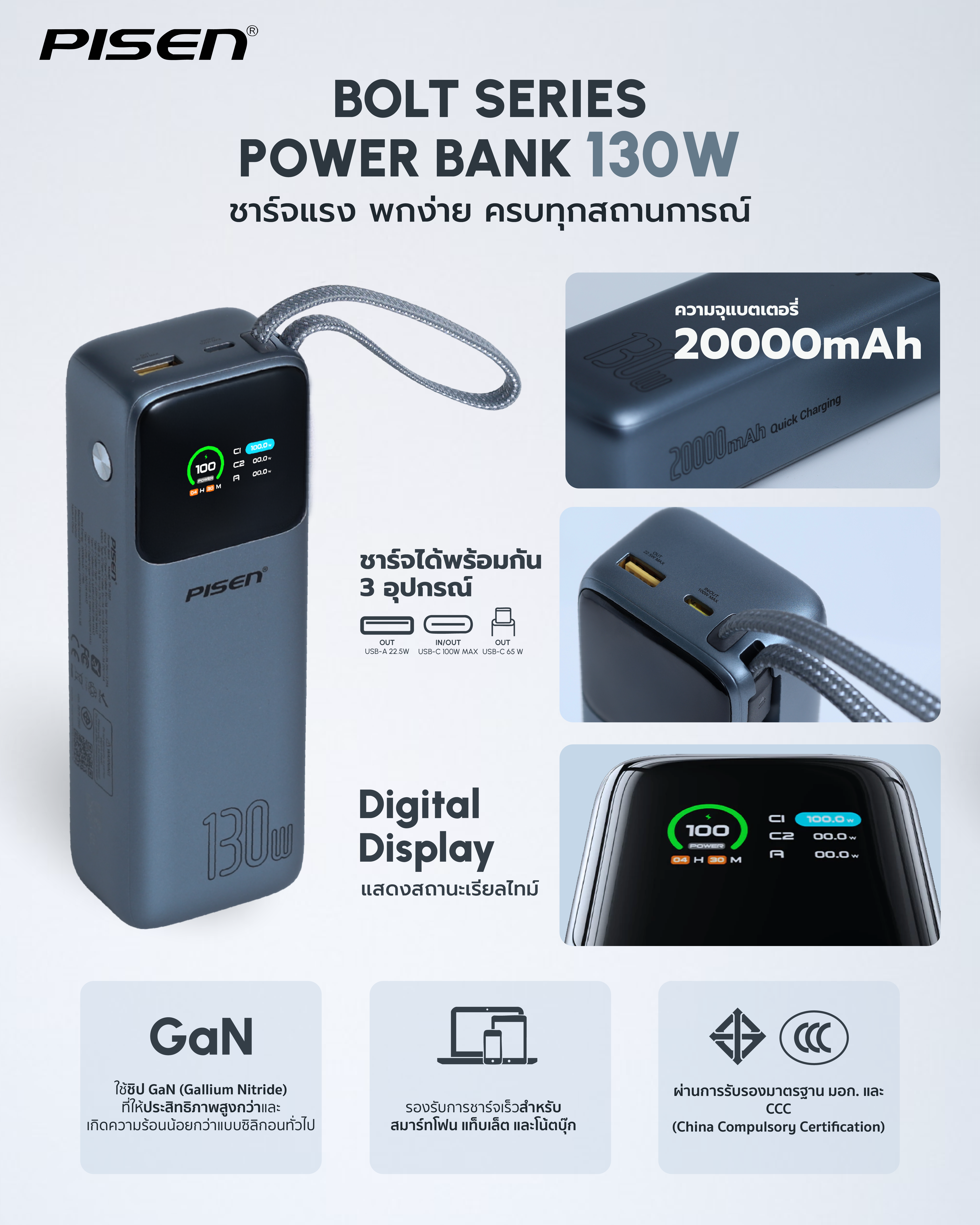 PISEN Bolt 130W 20000mAh Power Bank Grey TP-D107
