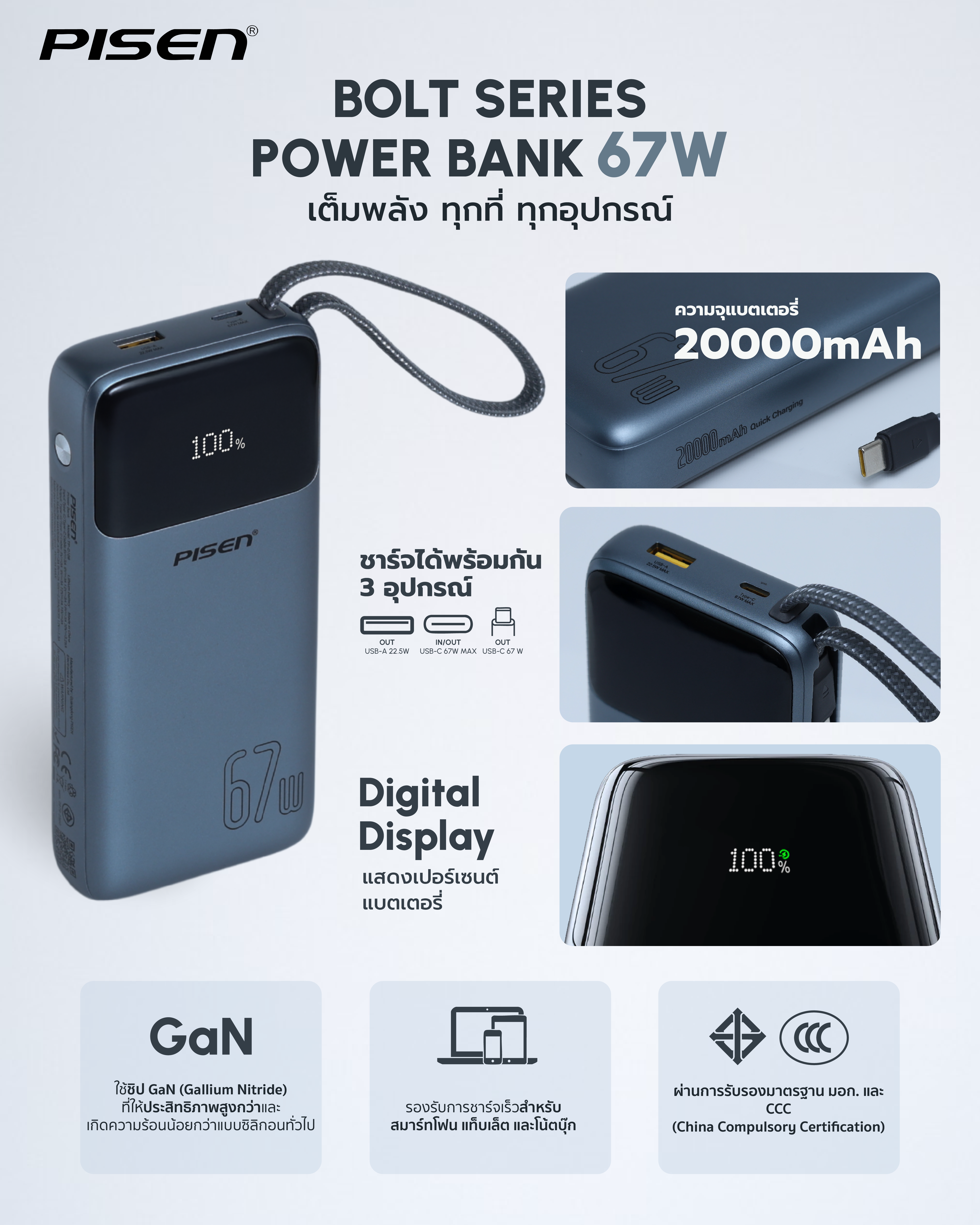 PISEN Bolt 67W 20000mAh Power Bank Grey TP-D108