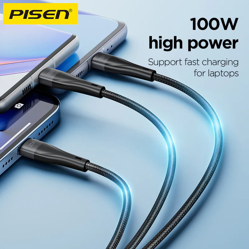PISEN PRO-Mars Series Aluminum Alloy USB/Type-C to 3in1(Ligntning+Type-C+Micro Usb) Braided Charging Data Cable 1.2m AP-FC15-1200
