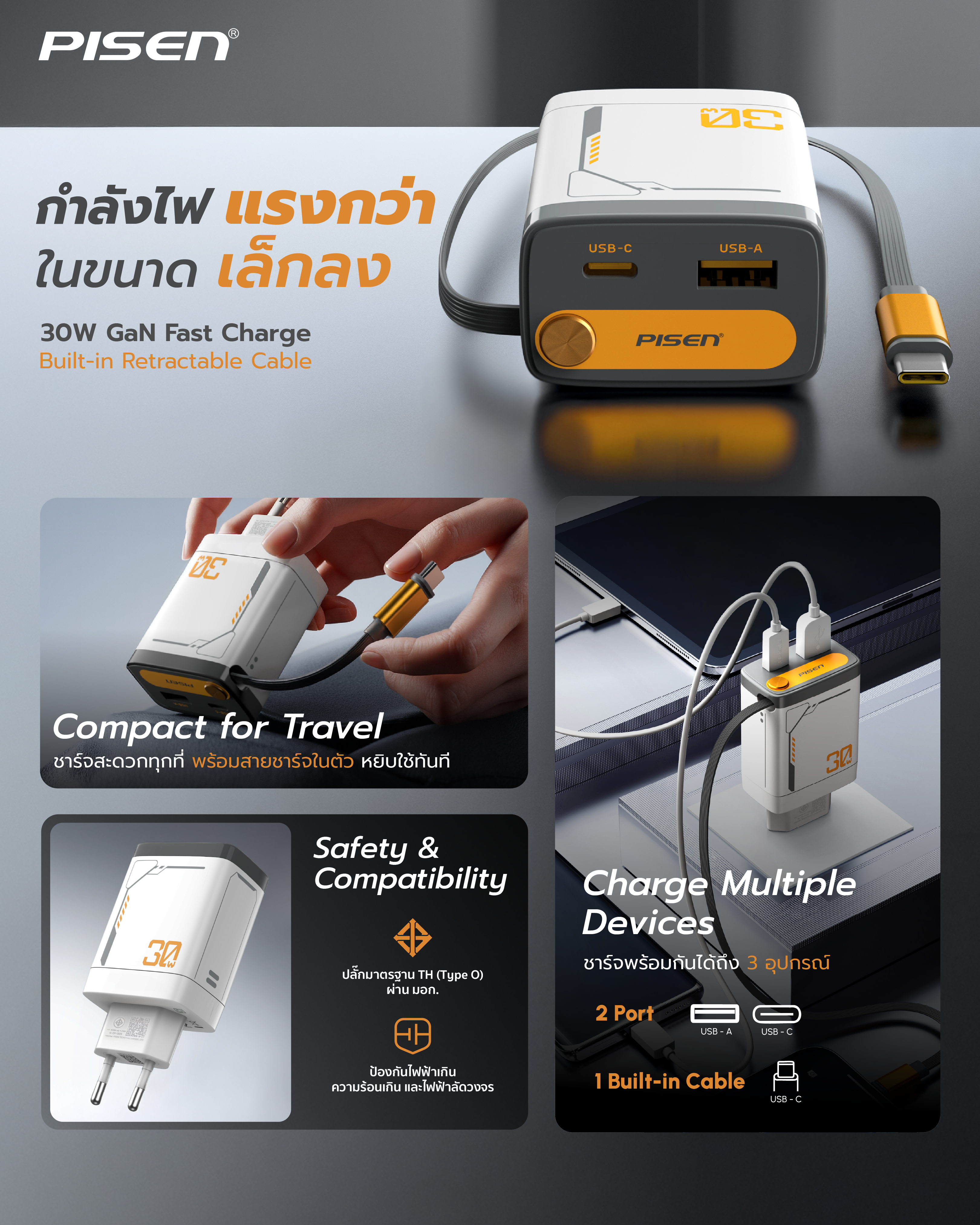 PISEN 30W GaN Fast Charging Retractable Wall Charger White TP-C82